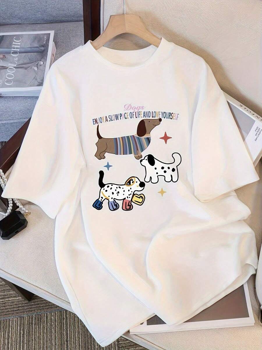 Women's Solid Color Short Sleeve T-Shirt, Modern Minimalist Style - Dalmatian Puppy Print (Puppy Heart Symbol Style) - Korean Style Summer Top, Casual Shirt, Suitable For Dog Lovers, White, Casual For Everyday Wear. - 白色 - 查看 1