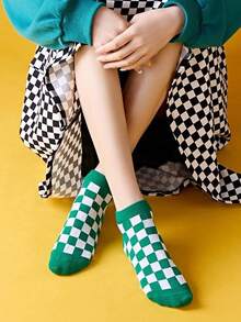 1 par/5 pares/10 pares de nuevos calcetines de tobillo con patrón de tablero de ajedrez de colores, calcetines invisibles juveniles y enérgicos - Multicolor - Ver 4