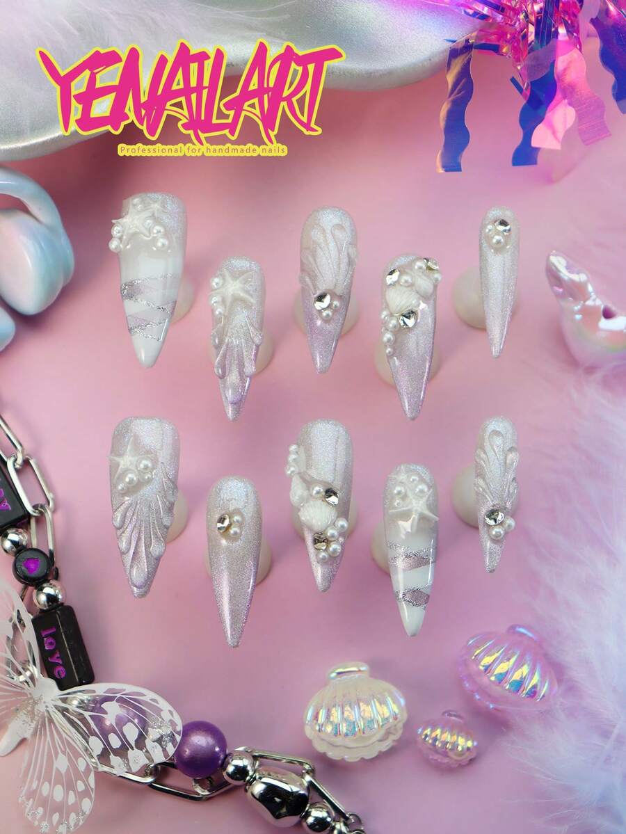 10片手工美人鱼按压式美甲贴片,闪亮蓝紫色渐变银色格子图案,饰有3D贝壳、海星、珍珠和水钻,全覆盖尖头亚克力假指甲,适合夏季、海滩、派对和日常佩戴。 - 淡紫色 - 查看 1