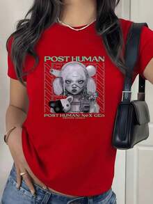 100% Cotton. Futuristic Android Figure With Metallic Details Symbolizing The Union Between Humanity And Modern Technology. Women's T-Shirt, 100% Soft And Comfortable Cotton For A Contemporary Urban Look. Women's Simple Solid Color T-Shirt, Loose And Slim Fit Casual Short Sleeve - 紅色的 - 查看 9