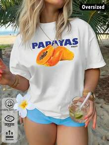 Women's Oversized White Cotton Papaya Print T-Shirt: Casual Streetwear, Loose Fit For Everyday Wear, Perfect For Summer With Soft And Breathable Fabric, Versatile Design For Laye - Banc - View 6