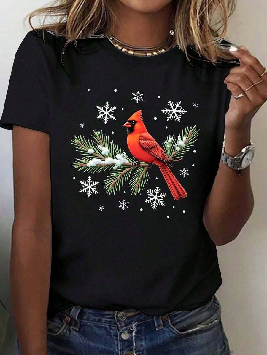 Giftropa Women's 1 Piece Winter Camisole For Women, Soft Fabric With Red Cardinal On A Snowy Pine Branch Design - Soft Short Sleeve Casual Camisole With Cardinal Bird And Snowflake Design, Relaxed Fit For All Seasons Comfort, Winter Theme In Vibrant Red And Gray For Daily And Holiday Outfits, 100% Cotton - 黑色 - 查看 1