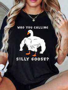 100% Cotton. Muscular Goose With A Humorous Message Conveying Strength And Fun, Ideal For Free Spirits. Women's T-Shirt, 100% Cotton. Women's Simple Solid Color T-Shirt, Loose And Slim Fit Casual Short Sleeve - 黑色 - 查看 12