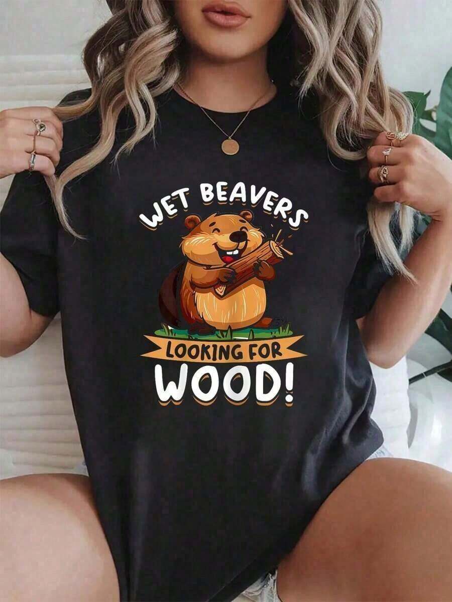 PremiumLoose 100% Cotton, Funny Wet Beaver Animal Design. WoNew Men's Summer T-Shirt, Casual And Comfortable Crew Neck Tee, Gift Idea - 黑色 - 查看 1