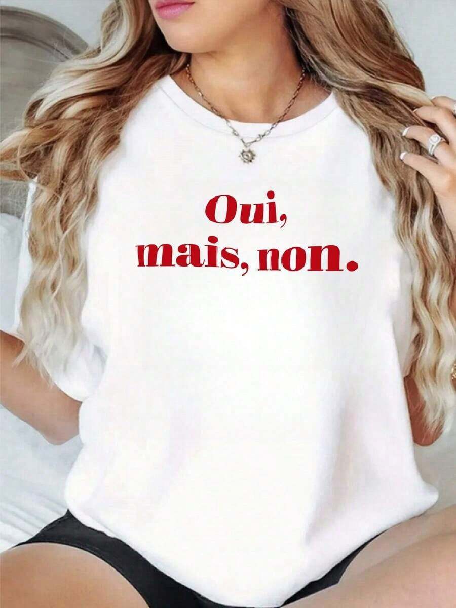 100% Cotton. French Phrase "Oui Mais Non" Reflecting Humor And A Playful Duality Of Thought About Daily Decisions. Women's 100% Cotton T-Shirt, Comfortable And Lightweight. Women's Simple Solid Color T-Shirt, Loose And Slim Fit Casual Short Sleeve - 白色的 - 查看 1