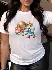100% Cotton Women's Short Sleeve Cotton T-Shirt - Summer Beach Hat, Flip Flops, Towels, Seashells, Starfish, Round Neck, Casual, Machine Washable For All Seasons, Gift For Mom, Comfortable Material, Daily Wear Print T-Shirt, Modern Look T-Shirt. Women's Simple Solid Color T-Shirt, Loose And Slim Fit Casual Short Sleeve - 白色的 - 查看 6