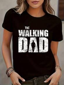 Father's Day Printed T-Shirt, Round Neck, Short Sleeve, Casual Style, Spring Summer, Casual Wear, Women's T-Shirt, Elegant Party Outfit, Elegant Ladies T-Shirt, Blouses Suitable For Curvy Women, Casual Clothing, Cool And Sweat-Free Summer Clothes, Fun Letter Print - 黑色 - 查看 6