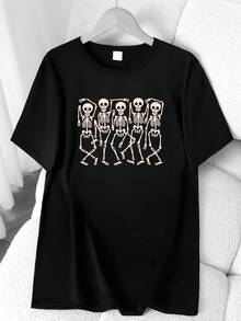 T-Shirt With A Dancing Skeleton Print. Available In 6 Colors, Short Sleeves, Round Neck, High-Stretch Casual Sports Top. Machine Washable. Suitable For Spring And Summer. Can Be Worn In All Seasons. Women's Clothing. Elegant Party Outfit, T-Shirt For Elegant Ladies, Blouses Suitable For Curvy Women, Casual Wear, Cool And Sweat-Free Summer Wear, Fun Letter Print. - 黑色 - 查看 6