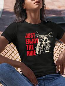 Round Neck T-Shirt With Graphic Letter And Motorcycle Print, Casual Short Sleeve Top For Spring And Summer, Women's Clothing - 黑色 - 查看 1
