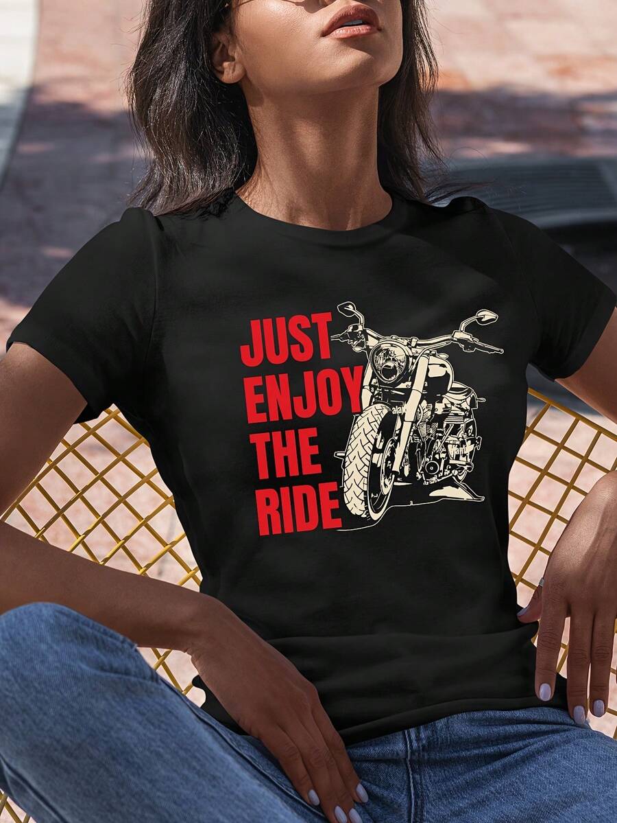 Round Neck T-Shirt With Graphic Letter And Motorcycle Print, Casual Short Sleeve Top For Spring And Summer, Women's Clothing - 黑色 - 查看 1