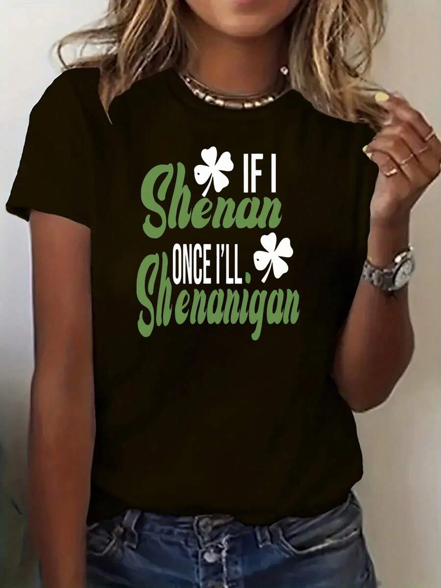 If I Ever Made A Joke, Women's Casual Short Sleeve T-Shirt With Clover Print, Comfortable Fit, Sister Sets, Outdoor Travel Essential, Women's T-Shirt, Spring/Summer T-Shirt. - 黑色 - 查看 1