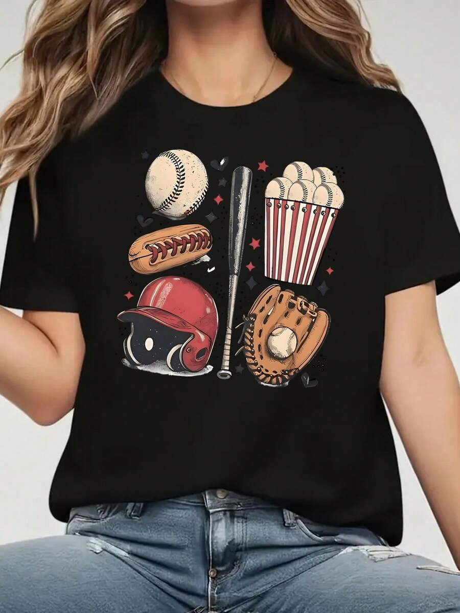Women's Short-Sleeved T-Shirt With Vintage Sporty Baseball-Themed Print, Casual Black Round Neck T-Shirt, Elastic, Machine Washable, Suitable For Sports And Leisure In Spring/Summer/Autumn. - 黑色 - 查看 1