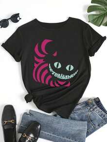 Women's Printed T-Shirt - Pink Stripes And Blue Eyes Design, Breathable Crew Neck, Short Sleeve, Loose Fit Casual Top For Spring And Summer, Machine Washable, Party Gift, All-Season Clothing | Fun Design T-Shirt | Woven Structure - 黑色 - 查看 1