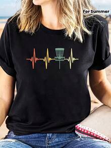 Women's Casual Crew Neck T-Shirt With Colorful Heartbeat And Golf Disc Patterns - Short Sleeve, Summer And Spring Top, Loose Fit, Beach-Themed Design, Relaxed Fit T-Shirt. | Printed T-Shirt | Comfortable Fit, Beachwear 2N1M - 黑色 - 查看 7