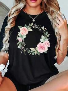 Soft, Breathable, And Lightweight For All-Day Wear. Comfortable Women's Crew Neck T-Shirt - Black Crown Print With Pink And Green Roses, 100% Soft And Breathable Fabric, Loose-Fitting Short-Sleeve T-Shirt, Suitable For Everyday Casual Wear, Comfortable For All Seasons, Versatile Women's T-Shirt, Stylish Design, Comfortable Material, Printed T-Shirt, For Fashion Enthusiasts, Everyday Wear, Geometric Pattern, Lightweight Material, Basic T-Shirt, Classic Fashion Set. Crew Neck With Relaxed Fit That Flatters All Body Shapes And Easy To Pair With Jeans, Shorts, And Leggings. - 黑色 - 查看 1