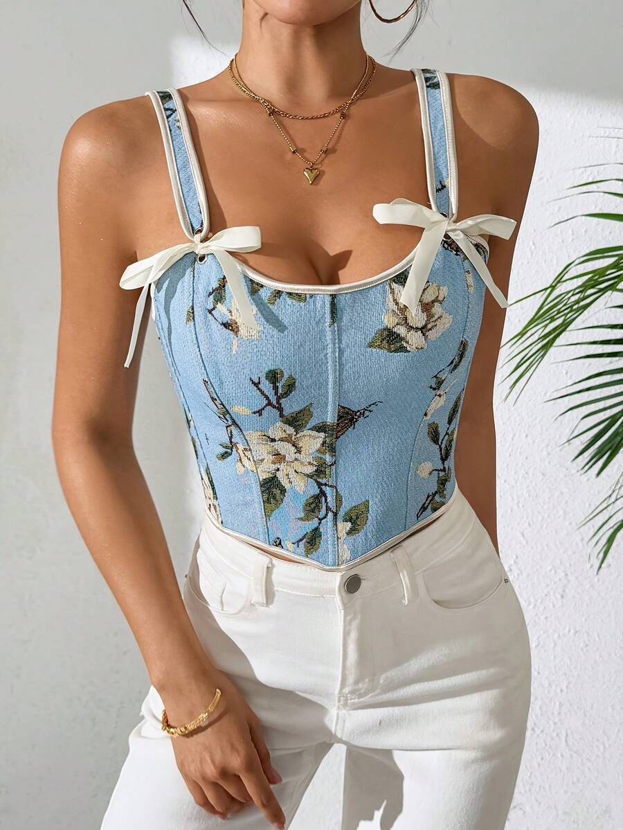 French Court Bow Tie With Floral Patterns, Vintage Oil Painting, Shapewear For Dance Parties, Women's Camisoles, Printed Slim Fit Vests, Corsets, And Outerwear - màu xanh da trời - Xem 1