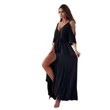 Women's Red Dress With V-Neck, Off-The-Shoulder Lacing, Three-Quarter Sleeves, High Side Slit, Gathered Waist, Flowing Chiffon Fabric, Elegant And Sexy Style Ideal For Summer Vacations, Beach Parties And Formal Evening Events - 黑色 - 查看 5