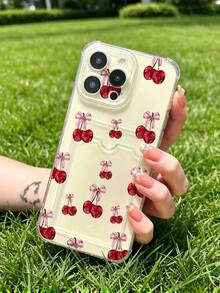 1 unidad Patrón de cerezas con lazos Funda para iPhone 17 PROMAX, protección anticaída con airbag reforzado en las cuatro esquinas, tarjetero invisible integrado en la parte trasera, compatible para tarjeta personal, carnet de conducir, tarjeta de acceso y tarjeta de transporte, funda protectora antigolpes portátil con ranura para tarjetas, diseño sencillo y elegante, ideal para uso diario, desplazamientos y viajes - transparente - Ver 4