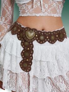 1 Piece Bohemian Vintage Style Dress Belt With Heart Patch And Decorative Rivets, Suitable For Women's Daily Wear And Parties On Halloween, Valentine's Day, Summer, School, Autumn - 棕色 - 查看 12
