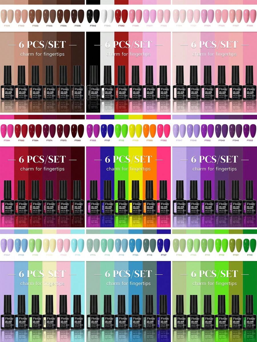 6-Color Nail Gel Polish Set, Multiple New Style Combinations, Long-Lasting Removable Soak-Off UV/LED Gel, Semi-Permanent Effect, Versatile Color Palette Full Set, Professional Nail Tools, Best Partner For Manicure - 01 - View 1