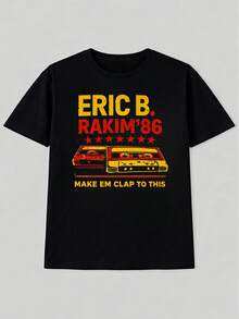 Eric B & Rakim Vintage Hip-Hop T-Shirt For Men - A Nostalgic Music Tee Featuring The Iconic "Make 'Em Clap" Lyrics And Eric  Graphic, With A Relaxed Fit, Crew Neck, And Short Sleeves. Suitable For Tall And Muscular Builds, It's A Casual Summer Garment For Everyday Wear And For Rap Fans. The Best Gift For Men And Women. - 黑色 - 查看 1