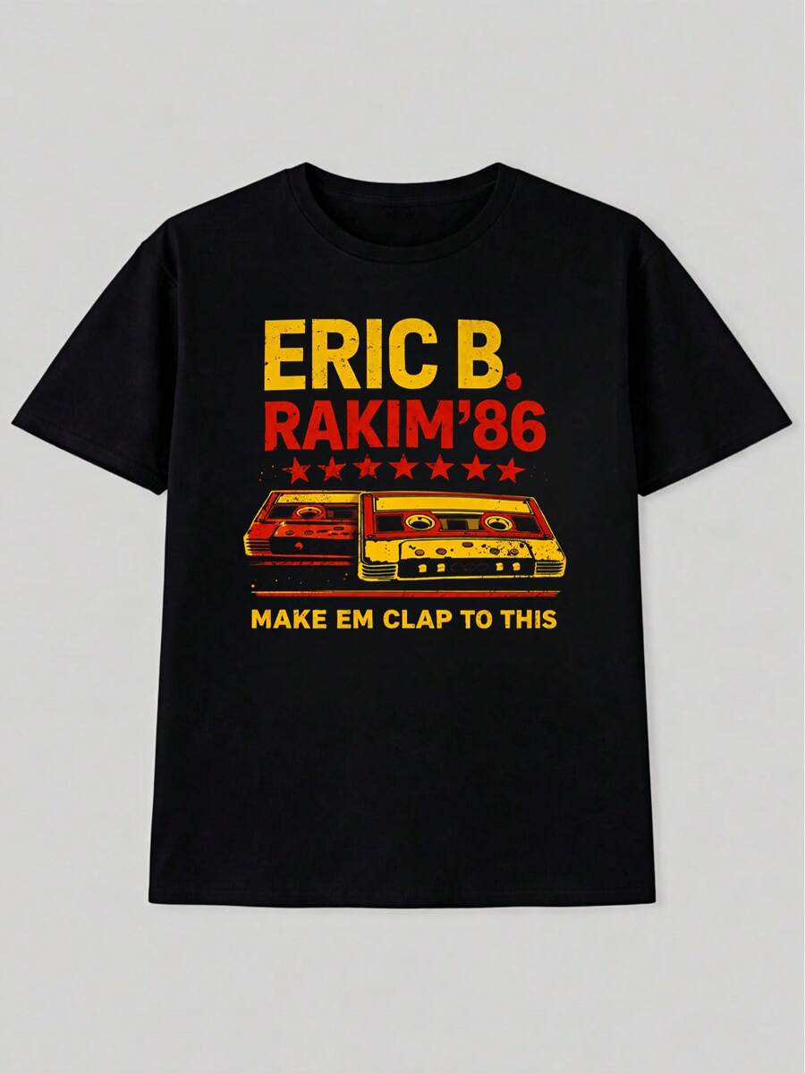 Eric B & Rakim Vintage Hip-Hop T-Shirt For Men - A Nostalgic Music Tee Featuring The Iconic "Make 'Em Clap" Lyrics And Eric Graphic, With A Relaxed Fit, Crew Neck, And Short Sleeves. Suitable For Tall And Muscular Builds, It's A Casual Summer Garment For Everyday Wear And For Rap Fans. The Best Gift For Men And Women. - 黑色 - 查看 1