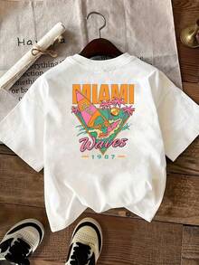 | Exquisite Design | Loose And Comfortable | Easy To Match | Women's Miami Beach Surf Print T-Shirt With Front And Back Print, Crew Neck, Casual Short Sleeves, Comfortable Fit, Soft Fabric, Classic Design, A Must-Have Fashion Item For Women. - 白色 - 查看 2