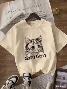 T-Shirt With Cat Print And "CREATIVITY" Text, Fashionable Short-Sleeved T-Shirt For Spring And Summer 2026, Made In Mexico, 180 Grams. Cartoon Print, Couple Design, Suitable For Indoor Or Outdoor Wear. Crew Neck, Unisex, Ideal For The Office And Leisure. One-Pack. - APR-P631577SLNDXZGY589 - 查看 4