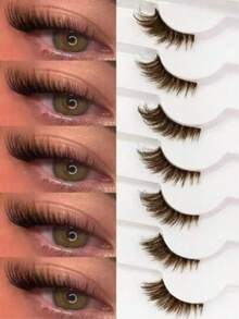 7 Pairs Brown Half-Strip Eyelashes, Cat Eye Effect, Fluffy & Soft, Transparent Lash Band, Natural & Lengthening, Comfortable Reusable, Suitable For Daily Wear, Travel, Party Gift - View 6