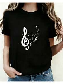 Women's Casual Sports T-Shirt - Black Elastic Round Neck T-Shirt With White Treble Clef Design, Machine Washable, Comfortable Fit And Perfect For All Seasons, For Music Lovers. - 黑色 - 查看 6
