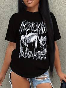 Women's Printed T-Shirt - Casual Short Sleeve Crew Neck T-Shirt In Black With White Flame Graphics. Relaxed Fit For All Seasons, Perfect For Everyday Wear And Holiday Outfits (Machine Washable). - 黑色 - 查看 6