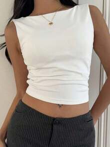 Top corto de algodón acolchado con espalda de tirantes, para primavera/verano - Blanco - Ver 5