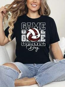 | Exquisite Design | Loose And Comfortable | Easy To Match | Mother's Day, Nurse's Day, 1 Piece, Pure Cotton Volleyball Player Print T-Shirt, Women's Short Sleeve Round Neck T-Shirt, Spring And Summer, Breathable Casual Sports Top, Holiday Gift. - 黑色 - 查看 2