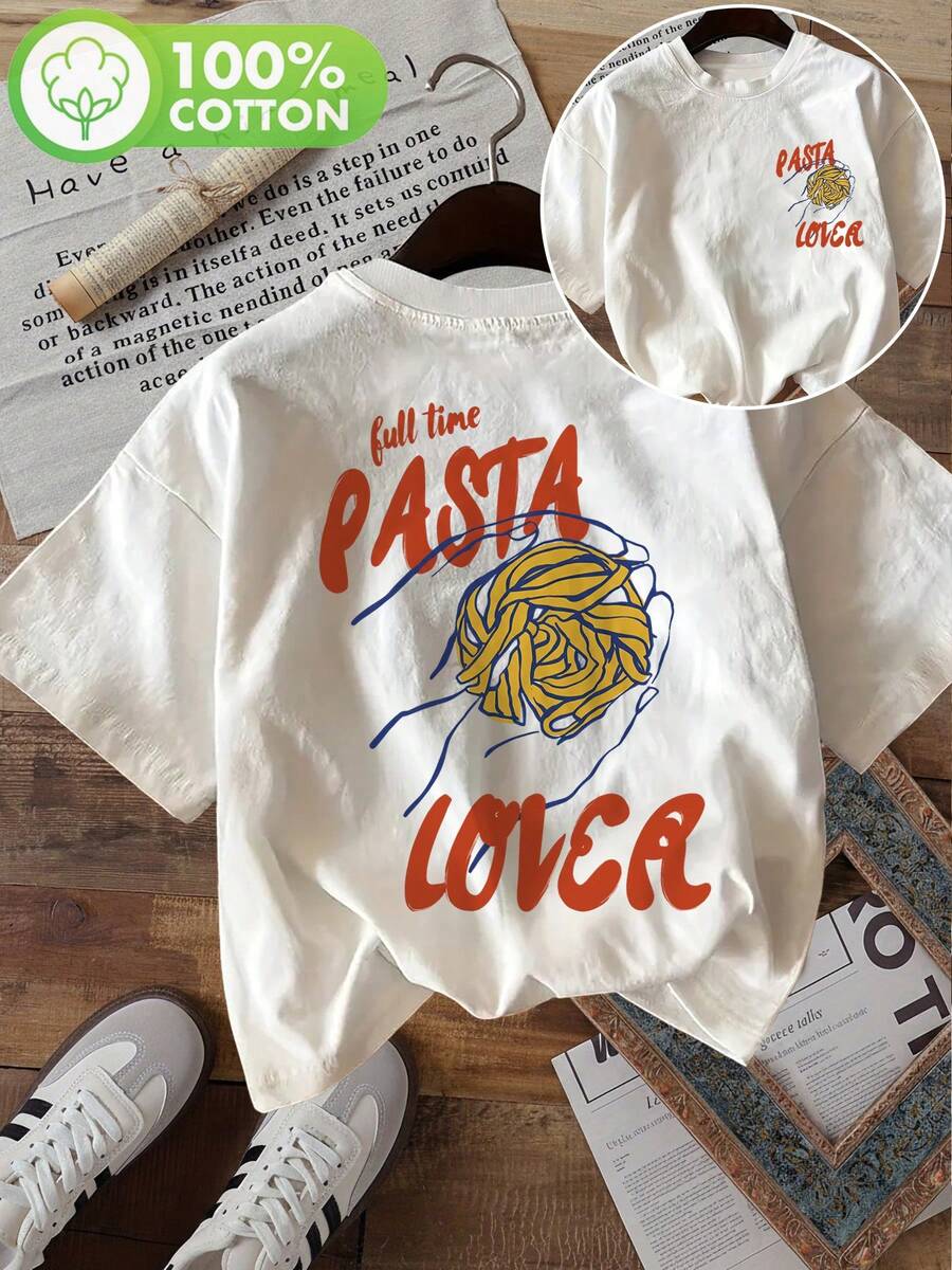 | Exquisite Design | Loose And Comfortable | Easy To Match | [Double-Sided Print] Fashionable Women's Top, Women's Summer Clothing, Vintage Style, "Full Time PASTA LOVER" Print, Round Neck, Pure Cotton Short-Sleeve T-Shirt [LangK] - 白色 - 查看 1