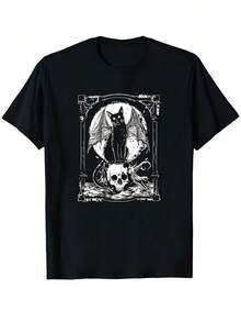 Gothic Bat, Cat And Skull T-Shirt - Thick Elastic Fabric, With Bat Wings And Pentagram Design In Black And White, Loose Fit, Short Sleeve, Round Neck, For Punk Metal Style, Perfect For Halloween. - 黑色 - 查看 7