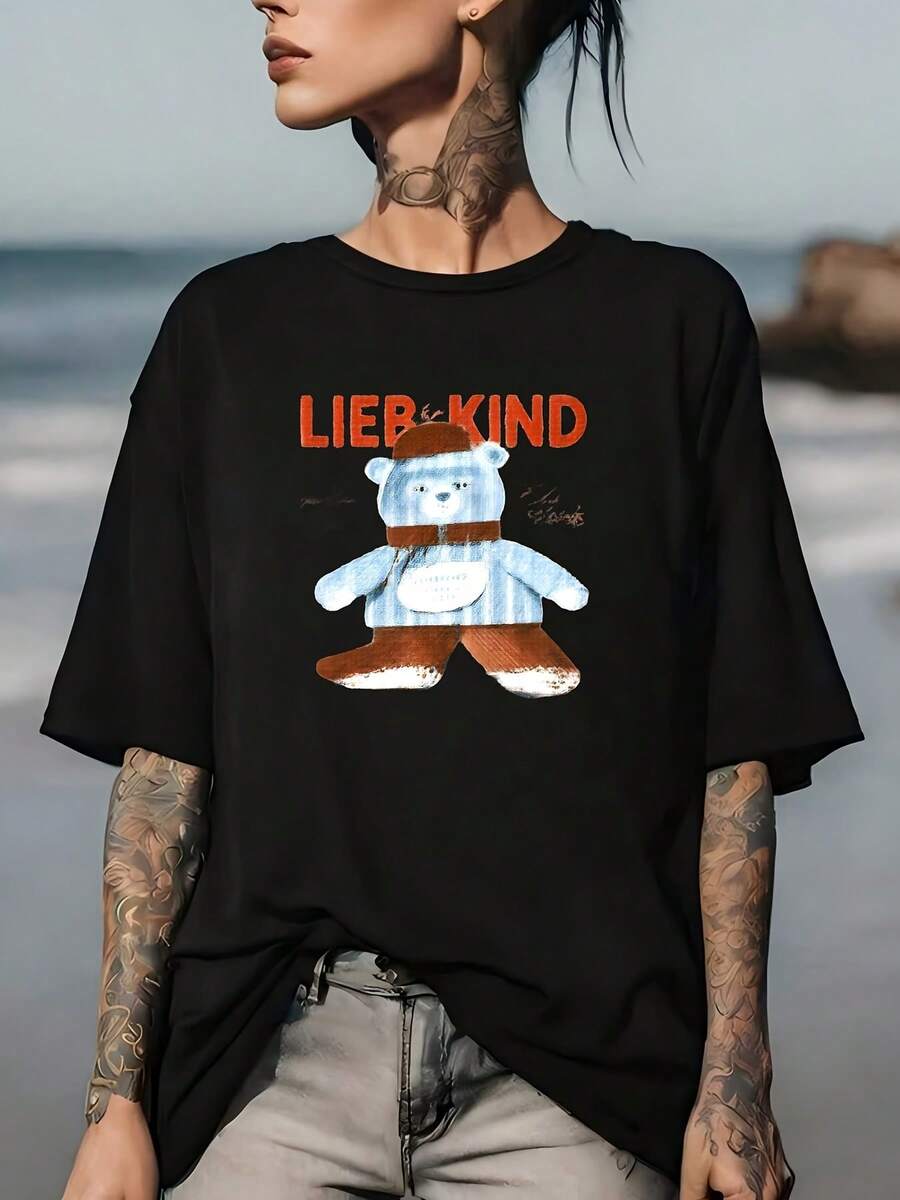 LIER & KIND Bear Print T-Shirt | Ultra Soft 180G T-Shirt | The Perfect Gift For Family And Friends | Casual Wear Suitable For Family Gatherings And Business Outings | Modern Pattern Design | Classic American Short-Sleeved T-Shirt - 黑色 - 查看 1
