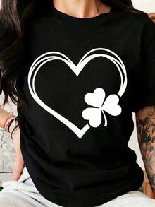 Women's Heart And Shamrock Design T-Shirt, St. Patrick's Day Lucky Symbol, Fashionable Casual Top - Black - View 7