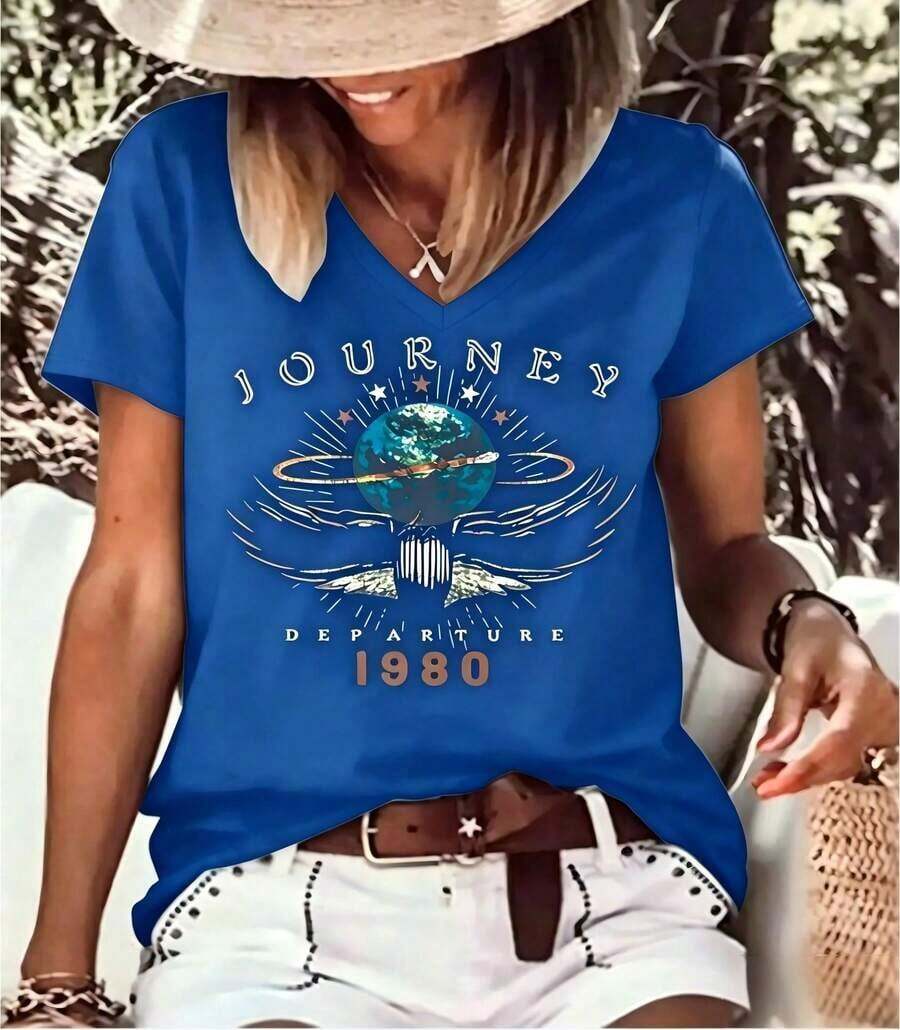 Nueva Llegada 2026: Camiseta de Mujer con Estampado Vintage 'Journey Departure' de 1980, Moda Casual de Manga Corta, Ajuste Cómodo para Verano 2026, Cuello Redondo, Tela Suave y Transpirable, 100% Algodón, para Uso Diario, Camiseta con Estampado Gráfico. - Azul 1 - Ver 1
