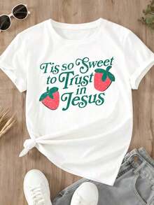 1 Piece Of Women's Fashion T-Shirt, Loose Fit, Round Neck, Short Sleeve, With Strawberry Print And The Graphic "It's So Sweet To Trust In Jesus", Ideal For Daily Wear And Religious Events, Soft. - 白色 - 查看 3