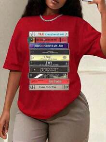 1 Piece Of Women's Summer T-Shirt, 90s R&B Tape Print T-Shirt, Women's Autumn Clothing, Round Neck T-Shirt, Women's T-Shirt, Women's Sweatshirt, Short Sleeve Top, Plus Size Loose T-Shirt, Soft. - 紅色 - 查看 1