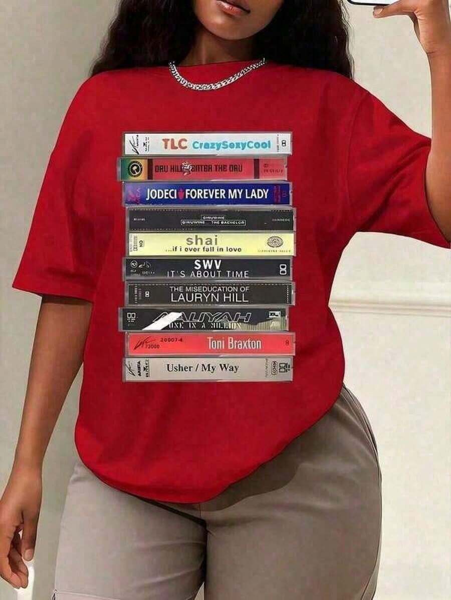 1 Piece Of Women's Summer T-Shirt, 90s R&B Tape Print T-Shirt, Women's Autumn Clothing, Round Neck T-Shirt, Women's T-Shirt, Women's Sweatshirt, Short Sleeve Top, Plus Size Loose T-Shirt, Soft. - 紅色 - 查看 1