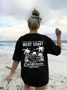 Women's Short-Sleeved Crew Neck T-Shirt, Casual Summer Style, With Palm Tree Print And Slogan, Simple And Versatile, Suitable For Everyday Wear. Printed T-Shirt, Women's Vacation T-Shirt. 100% Cotton. Women's Casual Printed T-Shirt, Short Sleeve, Crew Neck, Local Urban Fashion Spring/Summer. - 黑色 - 查看 1