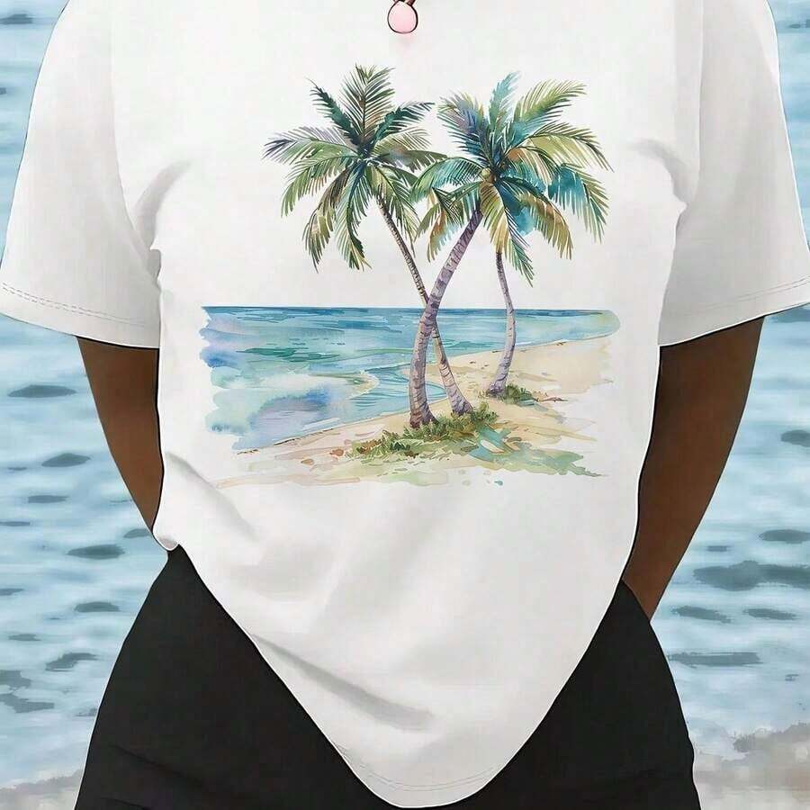 Plus Size Women's White Tropical Palm Print T-Shirt - Relaxed Fit, Short Sleeve, Round Neck, Summer Beach Top - Soft And Casual Vacation Shirt With Palm Print, Machine Washable Blouse For Travel And Hawaiian Outfits, Women's Printed Short Sleeve T-Shirt, Round Neck, Casual, For Everyday Wear And Travel. - 白色 - 查看 1