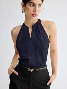 Camiseta de tirantes elegante con cuello de ojo de cerradura de unicolor, versátil para ir al trabajo, uso diario, retro romántico de los 90, adecuada para Navidad, Año Nuevo, San Valentín, fiesta, playa, graduación, moda, carnaval, vacaciones, in - Azul marino - Ver 11