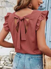 Blusa de verano para mujer con espalda cruzada, volantes y color sólido - Color caoba - Ver 6