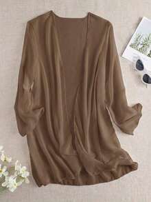 Swim Basics Kimono de manga larga de unicolor para mujer como cubierta casual - Marrón - Ver 6