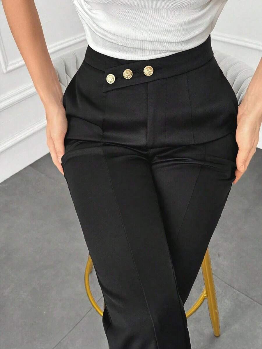 Pantalones elegantes de mujer con pierna recta, cintura suelta y detalles de botones para otoño/invierno - Negro - Ver 1