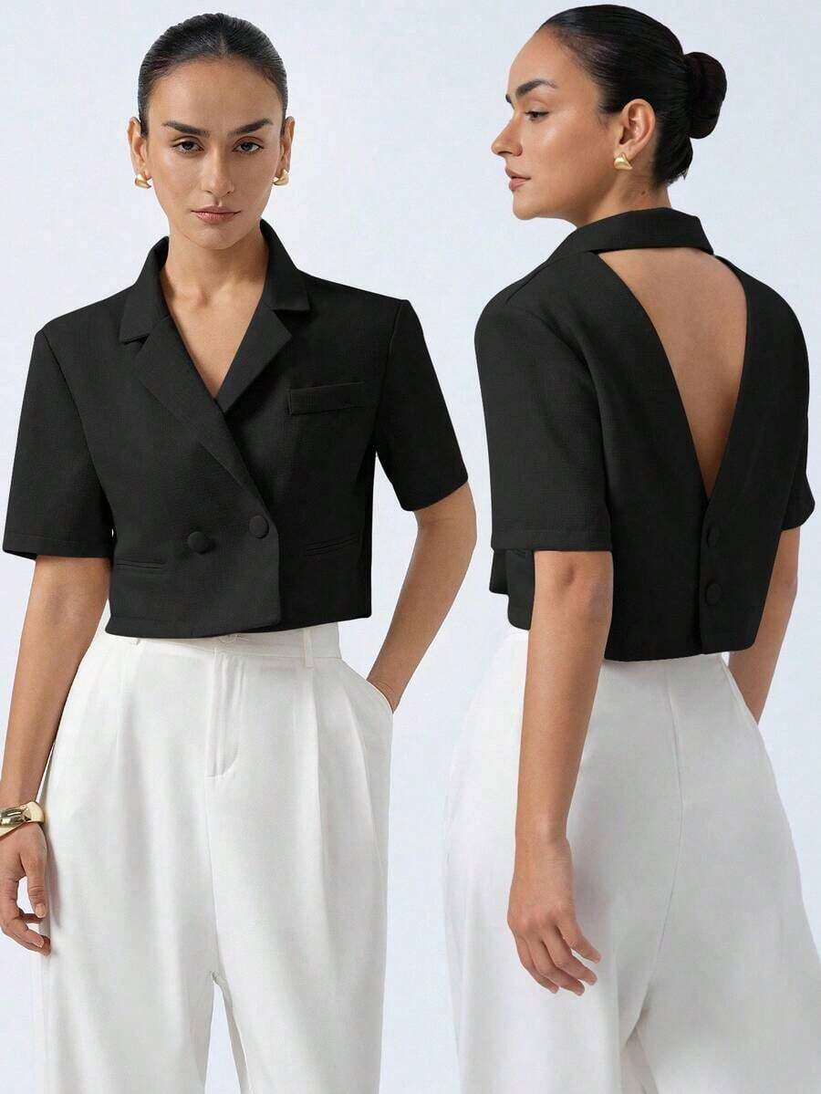 Nueva chaqueta elegante y sofisticada de tela texturizada con cuello de solapa, diseño de espalda cruzada, cintura corta y mangas cortas para estilizar la figura de la mujer - Negro - Ver 1