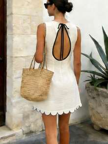 Vestido casual sin mangas con cuello redondo y espalda descubierta con lazo para mujer - Albaricoque - Ver 2