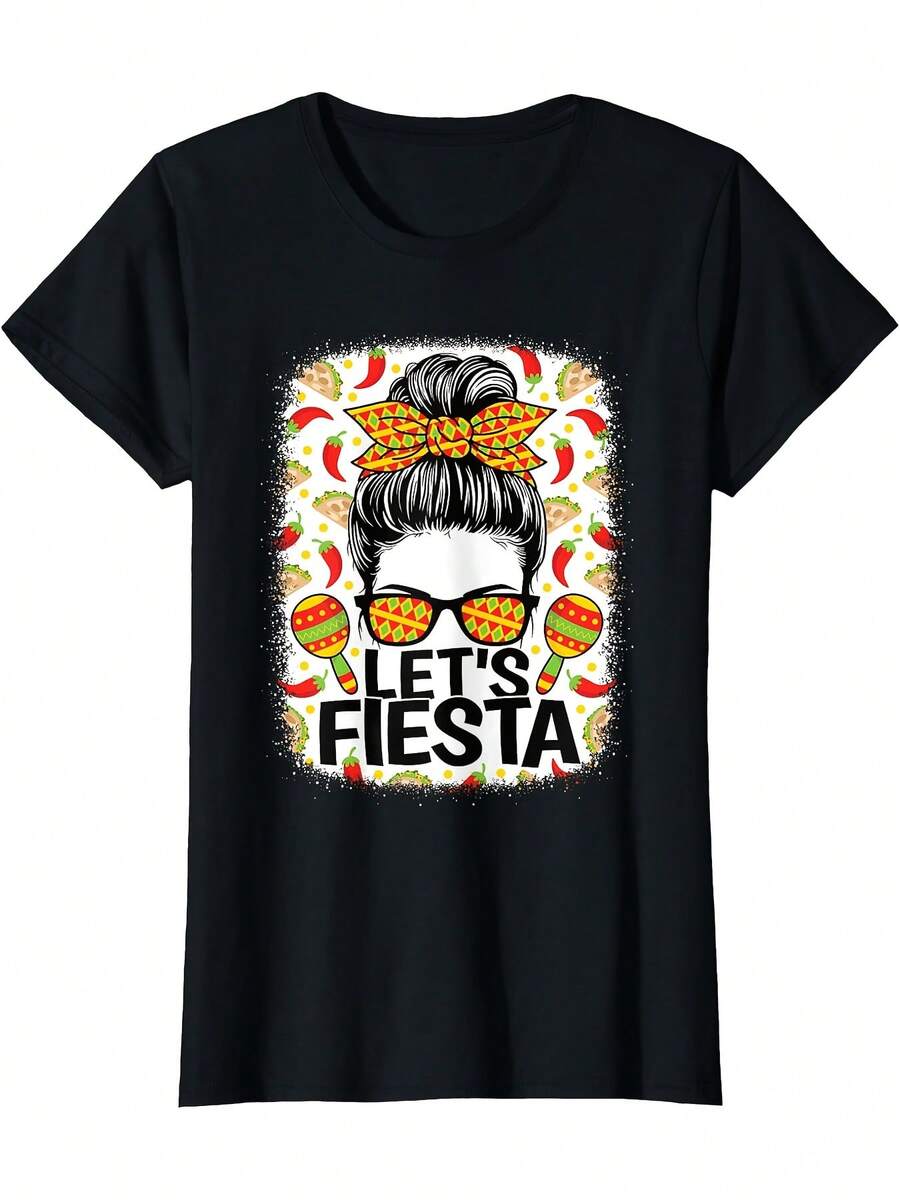 Women's "Let's Fiesta" Graphic T-Shirt, Mexican Cinco De Mayo Fiesta, Gift, Casual T-Shirt For Vacation, Party, Sports, Fashion, Unisex, Summer 2026, Short Sleeve Printed - 黑色 - 查看 1